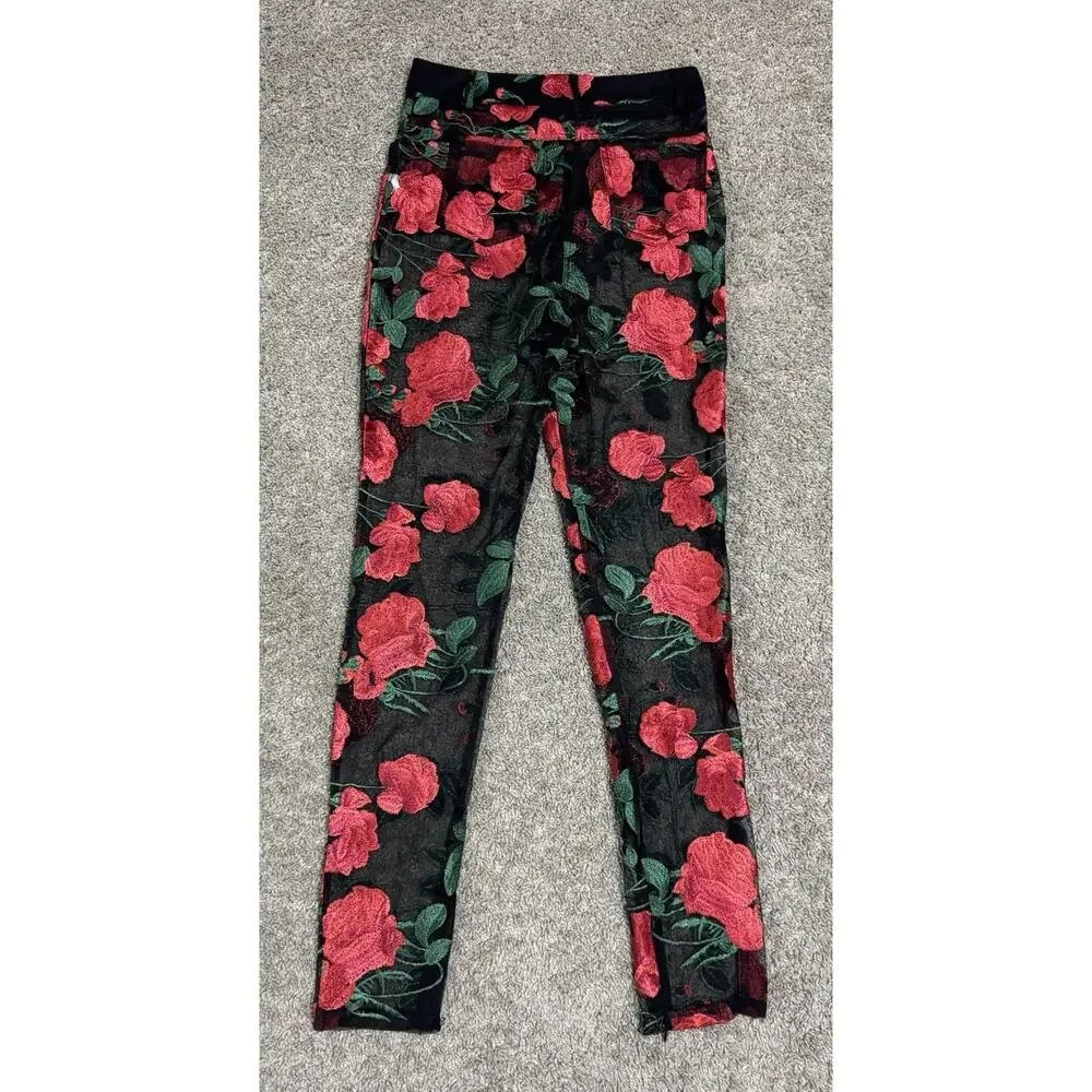 JAGGER & STONE Sheer Red Rose Embroidered Mesh Pants Zip Ankles Floral Size S - Picture 6 of 11